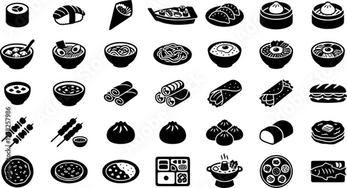 Cultural Food Icons. Cultural celebration foods. Solid icon set of cultural celebration foods: tamales, dim sum basket, curry pot, dumplings, paella pan, sushi