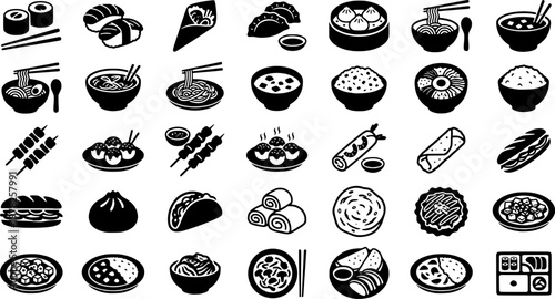 Cultural Food Icons. Cultural celebration foods. Solid icon set of cultural celebration foods: tamales, dim sum basket, curry pot, dumplings, paella pan, sushi