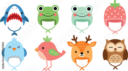 Set of cute cartoon animals including shark, frog, bird, deer and owl, colorful kids character collection isolated vector illustration design