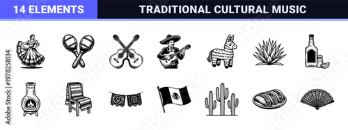 Mexican Mariachi Woodcut Culture Assets