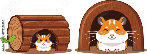 Cute hamster in wooden house and log shelter, adorable pet animal illustration isolated vector for kids design, nature and small animal concept