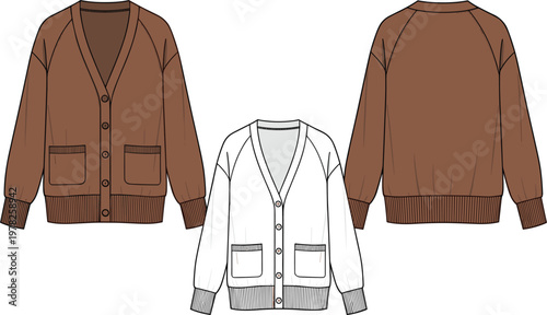 Technical fashion flat sketch of a unisex oversized cardigan sweater with raglan sleeves button down front pockets and ribbed trim details.