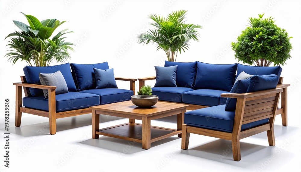 Fototapeta premium Blue fabric sofa set with wooden frame, outdoor patio furniture, green plants in background, modern garden seating, comfortable lounge set, tropical plants, outdoor living space