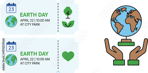 Earth Day event tickets and eco icons with globe and hands, environmental protection concept isolated vector illustration for sustainability design