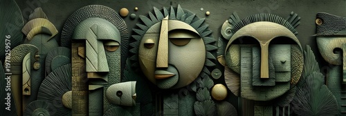 Abstract sculpted faces with geometric features are arranged side by side in muted earth tones. Their stylized forms include sun-like rays and smooth surfaces creating an artistic, primitive aesthetic