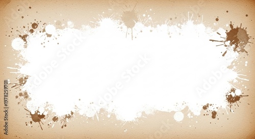 A creative abstract background with brown and white paint splatters on a beige surface