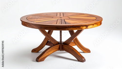 Handcrafted wooden round dining table with intricate inlay design and curved legs against white background