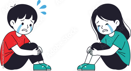 Sad children sitting and crying, emotional mental health concept illustration isolated vector for depression, loneliness and child psychology awareness design