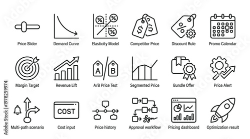 Set of finance and business icons for digital marketing and analytics.