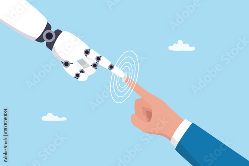 Working together using AI Artificial Intelligence as a tool to optimize work increase productivity, technology or innovation to collaborate AI assistant, businessman hand touch with AI robot finger.