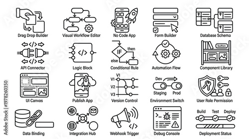 Low code development and visual workflow editor icons for software development.