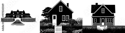 A symmetrical black house with a garden and fence stands on a pristine white background, exuding elegance and simplicity in its minimalist design