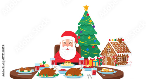 Santa Claus enjoying a festive Christmas dinner with roast turkey and gingerbread house.