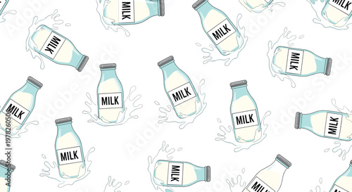 Seamless pattern with milk bottles and splashes, dairy product background illustration isolated vector for packaging, textile and food design