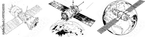 A stylized satellite orbits Earth with solar panels, outlined in bold black ink against a solid white background, showcasing monochrome coloring book style clarity and flat 2D design aesthetics