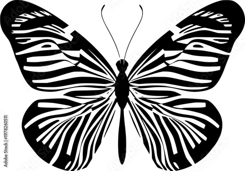 A symmetrical abstract stripe-patterned Zebra Longwing butterfly in bold black against a pristine white background, showcasing crisp contours and minimalist flat vector art with flawless sharp edges