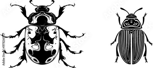 A symmetrical abstract wave pattern is stylized as a diving beetle in water, with bold solid black shapes and perfect crisp contours against a pure white background, creating minimalist flat vector