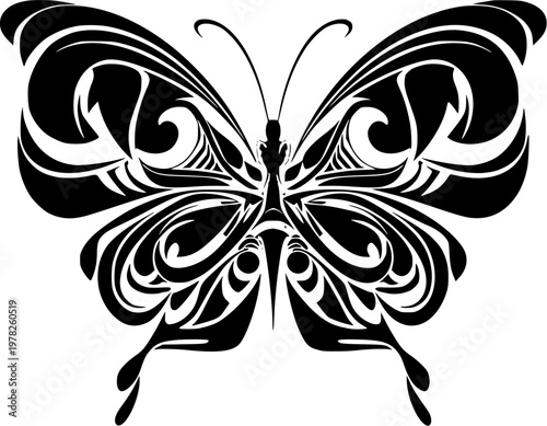 A symmetrical abstract paisley pattern butterfly design in bold solid black with perfect crisp contours on a pure white background, minimalist flat vector art, showcasing flawless sharp edges for