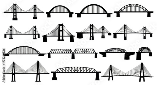 Collection of Diverse Bridge Silhouettes Isolated on White Background