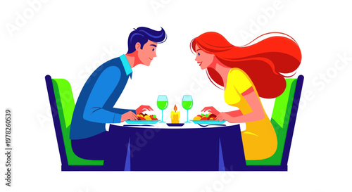 Couple enjoying romantic dinner date at restaurant, candlelight, wine, food