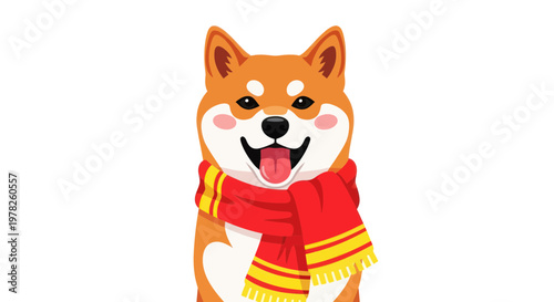 Cute Shiba Inu Dog Wearing Red Scarf, Happy Expression, Isolated on White Background