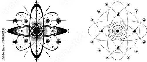 A symmetrical Bohr model of an atom features a central nucleus with orbiting electrons illustrated in sharp black against a solid white background, rendered in monochrome coloring page style with