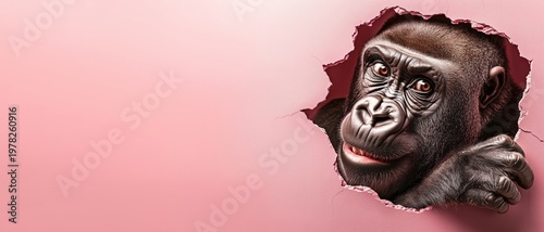 Colourful poster, banner with gorilla head peeks through a jagged hole in a pink wall with its hand gripping the edge. The animal looks out with wide eyes, space for text, long background, texture.