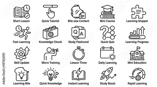 Microlearning and rapid education icons for skill development and quick lessons.