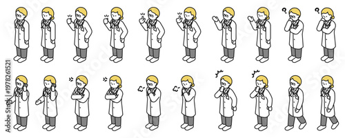 アイソメトリックイラスト：色々なポーズの男女医師