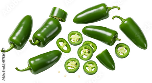 Green jalapeno peppers and sliced jalapenos scattered on surface transparent background