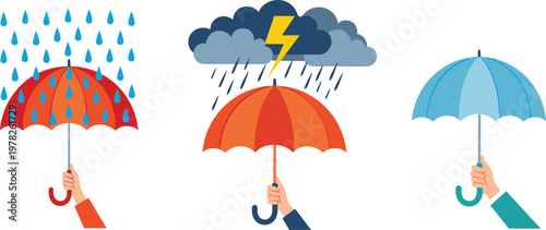 Umbrella protection concept with rain and storm weather, hands holding umbrellas in different conditions isolated vector illustration for safety design