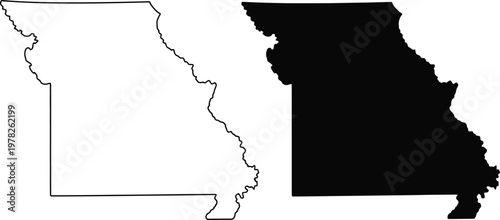 Photos Missouri map, silhouette illustration, outline and black and white vector map of the state of Missouri showing shape and geographic boundaries for educational and design use