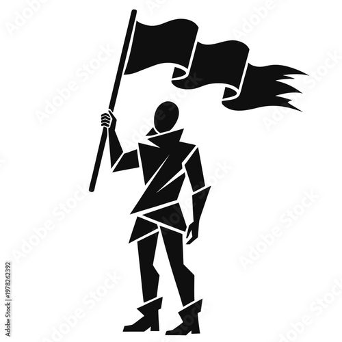 Geometric protester icon, black silhouette vector, fragmented body, waving flag symbol