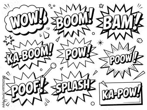 Comic Book Sound Effects Explosion Words On White Background For Graphic Design