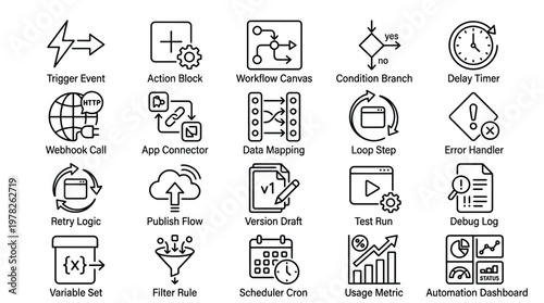 Workflow automation icons set outline vector icons for web design.