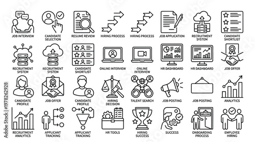 Human resources and recruitment process line icon set for hiring talent search.