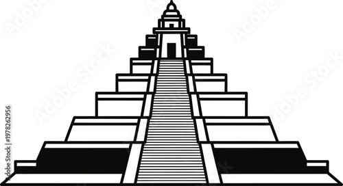 Black and white illustration of a stepped pyramid temple structure