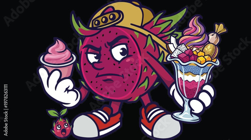Cool Street Art Dragon Fruit Mascot Character Holding Pink Frozen Yogurt and Tropical Parfait Illustration