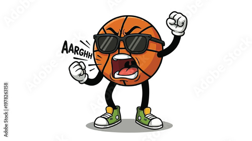 Aggressive Basketball Mascot Character with Sunglasses Screaming Aargh Expression Vector Illustration Isolated