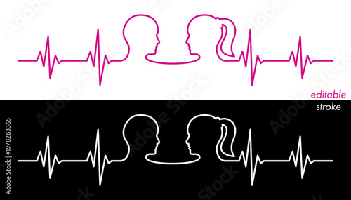 Editable stroke line love couple, man, woman head, line art vector. Heart rhythm ekg vector design to use for love, healthy lifestyle, emotion, romance concept illustration projects. 