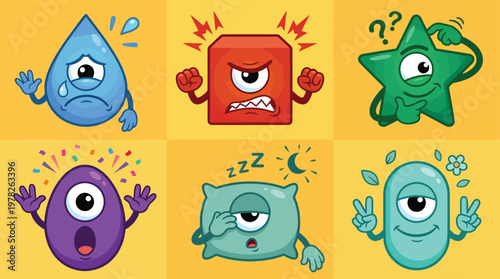 Set of cute one-eyed monster characters expressing different emotions like sadness anger surprise and happiness in flat cartoon style