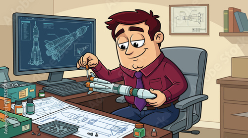 Enthusiastic Engineer Building Space Rocket Model at Workspace with Computer and Blueprints
