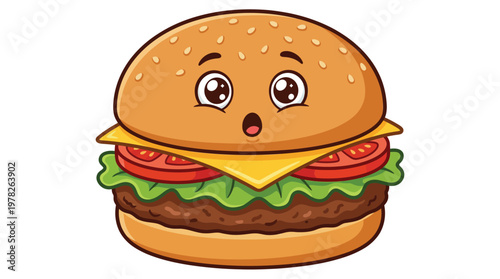 Cute Kawaii Burger Cartoon Illustration with Surprised Face Expression Isolated on White Background for Fast Food Branding and Sticker Design