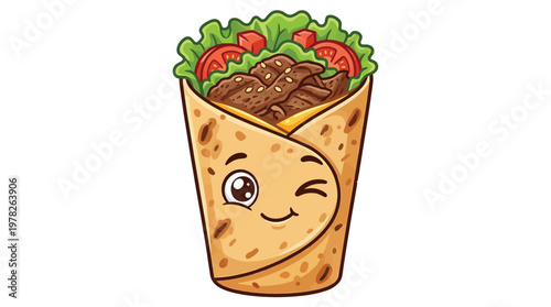 Cute Cartoon Kebab Mascot Character with Winking Face Expression Isolated on White Background for Fast Food Branding and Graphic Design