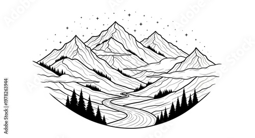 Monochrome Mountain Range Landscape with Winding River and Pine Trees.