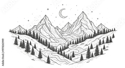 Majestic Mountain Range Landscape with Crescent Moon and Starry Sky.