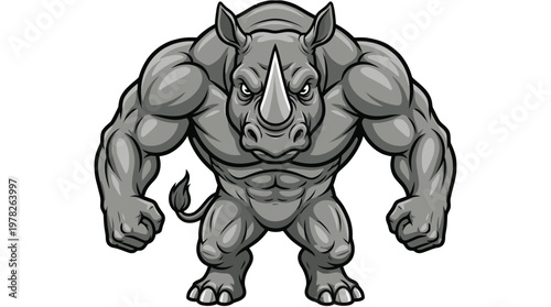 Strong Muscular Rhinoceros Mascot Character with Powerful Build and Angry Expression for Gym and Fitness Logo Branding