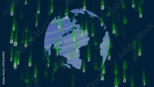 Vertical video: On start, 3D globe rotating in navy space, visualizing binary rain, mesh, dots
