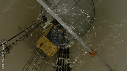 Network sphere fading in, rotating around conduit assembly and yellow box, visualizing maintenance