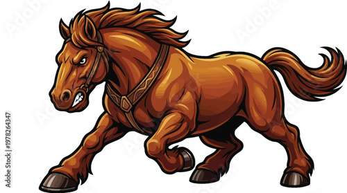 Powerful Angry Brown Horse Mascot Illustration Charging and Galloping with Muscular Build for Sports Branding